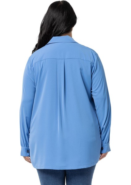 Büyük Beden D Toka Detaylı Cepli Manşetli Indigo Gömlek modelleri