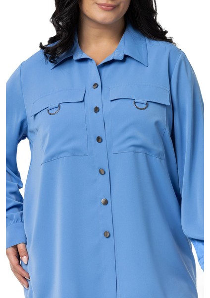 Büyük Beden D Toka Detaylı Cepli Manşetli Indigo Gömlek fırsatları