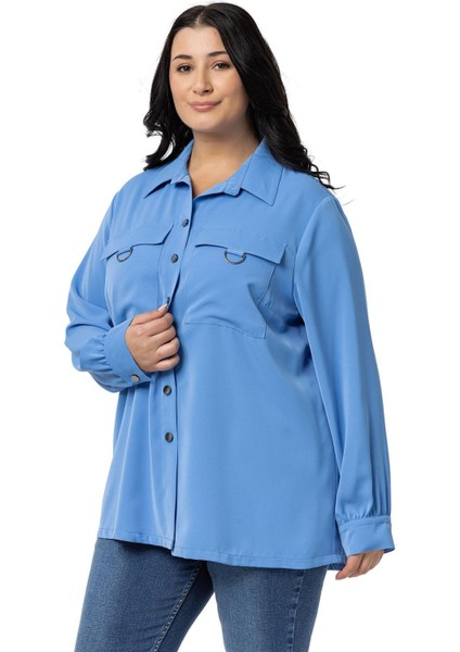 Büyük Beden D Toka Detaylı Cepli Manşetli Indigo Gömlek indirimleri