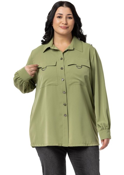 Büyük Beden D Toka Detaylı Cepli Manşetli Fıstık Yeşili Gömlek