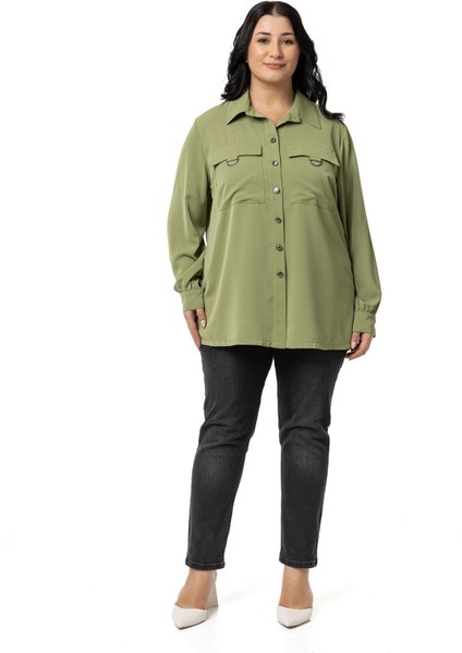 Büyük Beden D Toka Detaylı Cepli Manşetli Fıstık Yeşili Gömlek fiyatları
