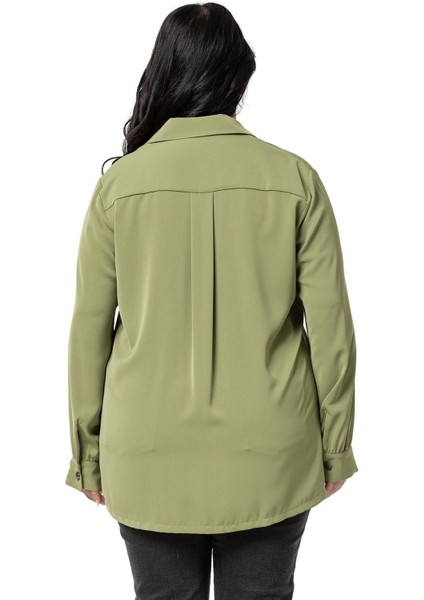 Büyük Beden D Toka Detaylı Cepli Manşetli Fıstık Yeşili Gömlek modelleri