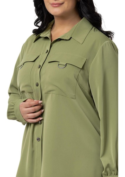 Büyük Beden D Toka Detaylı Cepli Manşetli Fıstık Yeşili Gömlek fırsatları