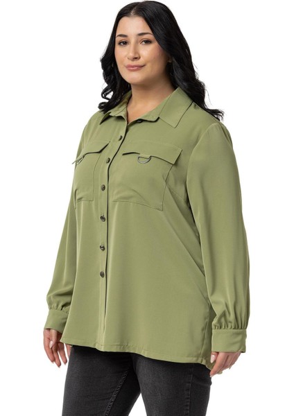 Büyük Beden D Toka Detaylı Cepli Manşetli Fıstık Yeşili Gömlek indirimleri