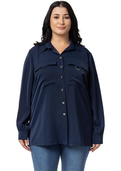 Büyük Beden D Toka Detaylı Cepli Manşetli Lacivert Gömlek