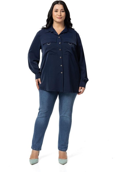 Büyük Beden D Toka Detaylı Cepli Manşetli Lacivert Gömlek fiyatları