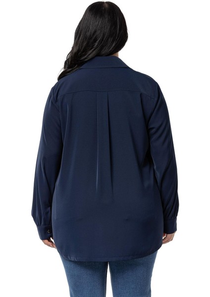 Büyük Beden D Toka Detaylı Cepli Manşetli Lacivert Gömlek modelleri