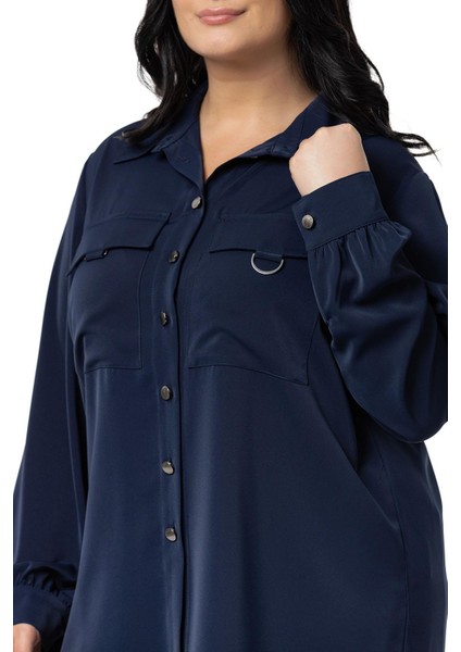 Büyük Beden D Toka Detaylı Cepli Manşetli Lacivert Gömlek fırsatları