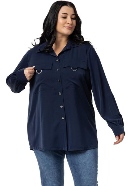 Büyük Beden D Toka Detaylı Cepli Manşetli Lacivert Gömlek indirimleri