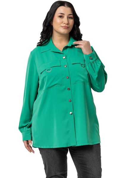 Büyük Beden D Toka Detaylı Cepli Manşetli Benetton Yeşili Gömlek