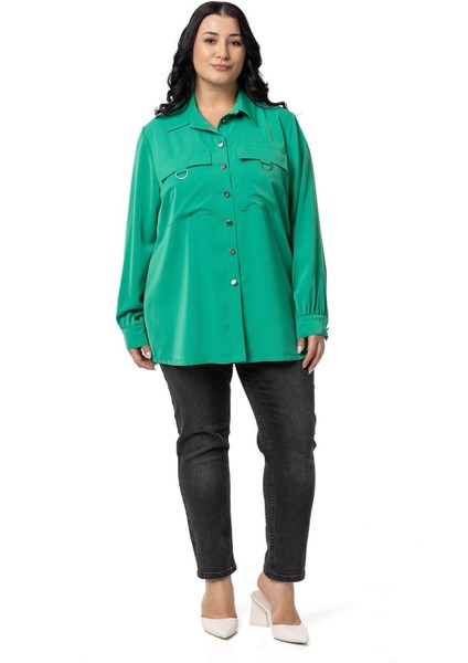 Büyük Beden D Toka Detaylı Cepli Manşetli Benetton Yeşili Gömlek fiyatları