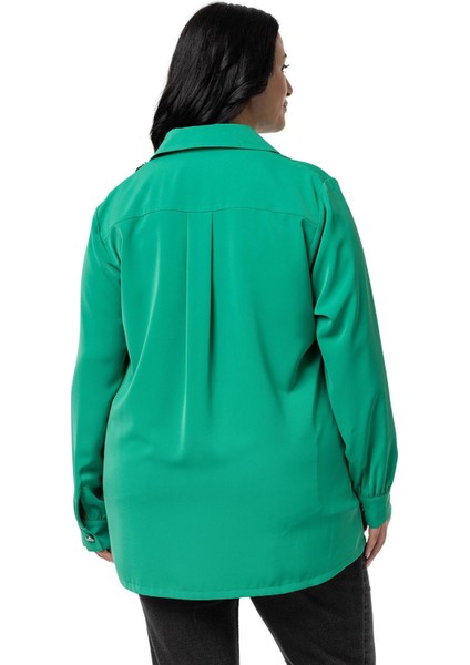 Büyük Beden D Toka Detaylı Cepli Manşetli Benetton Yeşili Gömlek modelleri