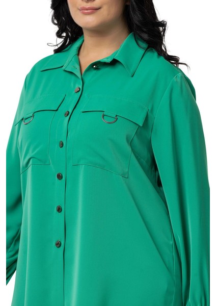 Büyük Beden D Toka Detaylı Cepli Manşetli Benetton Yeşili Gömlek fırsatları