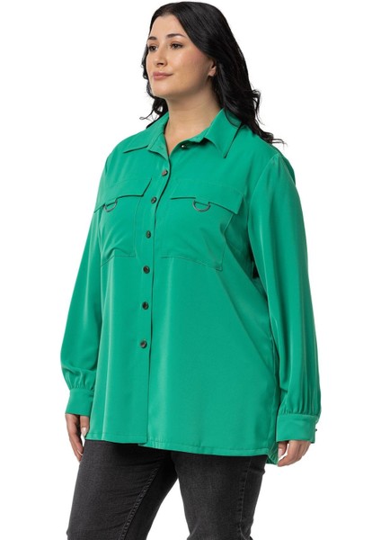 Büyük Beden D Toka Detaylı Cepli Manşetli Benetton Yeşili Gömlek indirimleri