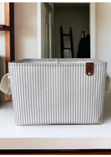 Gri Çizgili Çok Amaçlı Dolap Içi Oyuncak Saklama Kutusu Sepeti Organizer 18X22X30