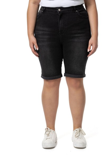 Büyük Beden Paçası Katlamalı Beş Cepli Denim Siyah Şort