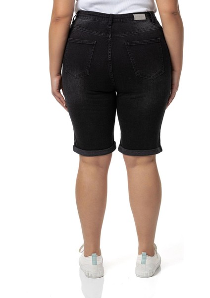 Büyük Beden Paçası Katlamalı Beş Cepli Denim Siyah Şort