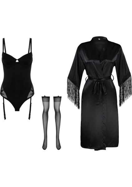 Dantel Vıp Şehvet Sabahlık Bodysuit Jartiyer Set