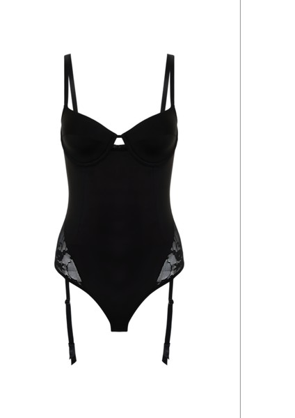 Dantel Vıp Şehvet Sabahlık Bodysuit Jartiyer Set
