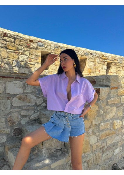 Lila Oversize Kısa Kollu Kısa Pamuk Gömlek 27311