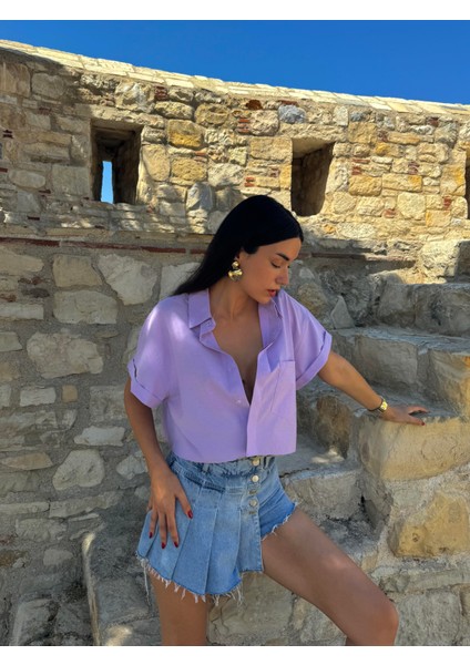 Lila Oversize Kısa Kollu Kısa Pamuk Gömlek 27311