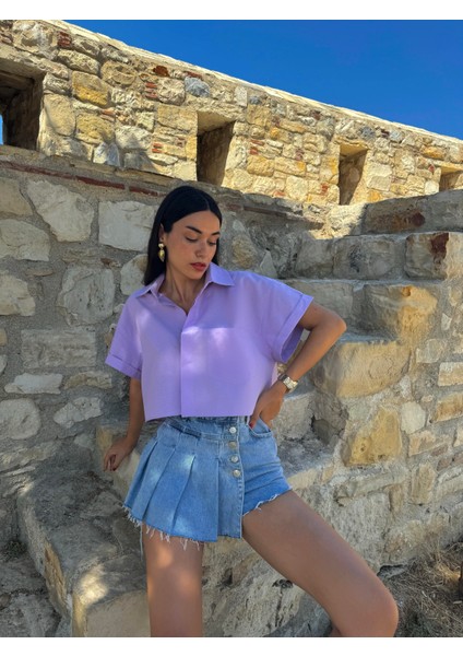 Lila Oversize Kısa Kollu Kısa Pamuk Gömlek 27311