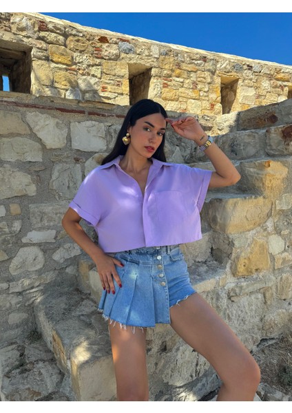 Lila Oversize Kısa Kollu Kısa Pamuk Gömlek 27311
