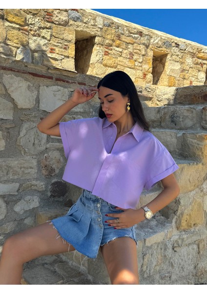 Lila Oversize Kısa Kollu Kısa Pamuk Gömlek 27311