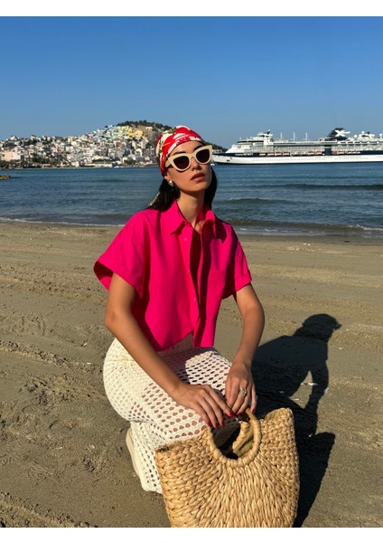 Fuşya Oversize Kısa Kollu Kısa Pamuk Gömlek 27311