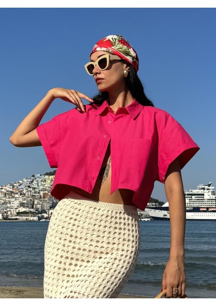 Fuşya Oversize Kısa Kollu Kısa Pamuk Gömlek 27311