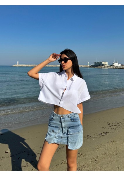 Beyaz Oversize Kısa Kollu Kısa Pamuk Gömlek 27311