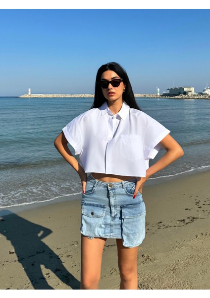 Beyaz Oversize Kısa Kollu Kısa Pamuk Gömlek 27311