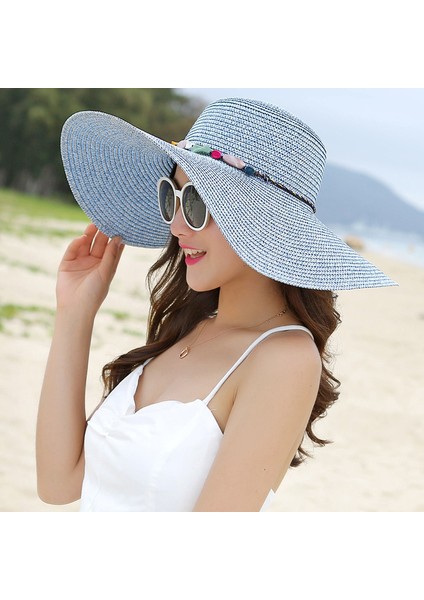 Büyük Kenar Hasır Şapka Bayanlar Yaz Güneş Şapkası Güneş Koruyucu Sahil Tüm Maç Plaj Şapkası (Yurt Dışından)