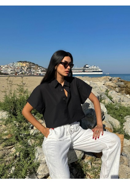 Siyah Oversize Kısa Kollu Kısa Pamuk Gömlek 27311