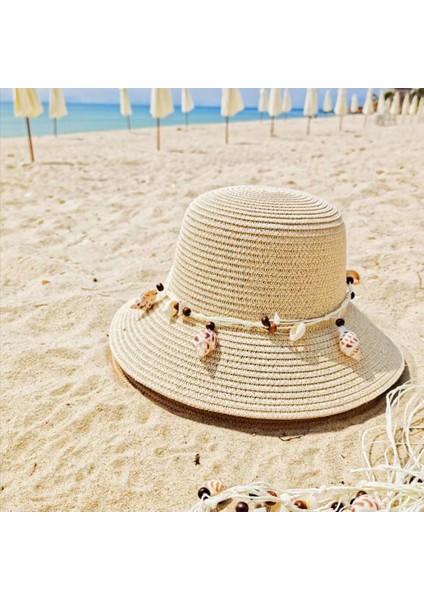 Kabuklu Hasır Şapka Bayanlar Yaz Güneş Koruyucu Şapka Plaj Şapkası (Yurt Dışından)