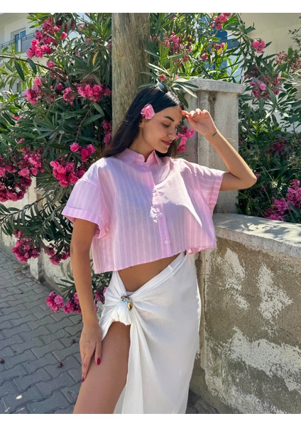 Pembe Beyaz Çizgili Oversize Kısa Kollu Kısa Pamuk Gömlek 27312 fiyatları