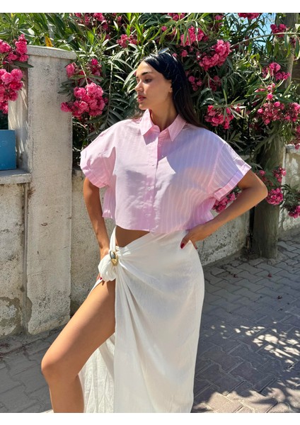 Pembe Beyaz Çizgili Oversize Kısa Kollu Kısa Pamuk Gömlek 27312 modelleri