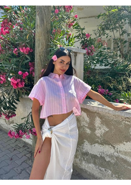 Pembe Beyaz Çizgili Oversize Kısa Kollu Kısa Pamuk Gömlek 27312 indirimleri