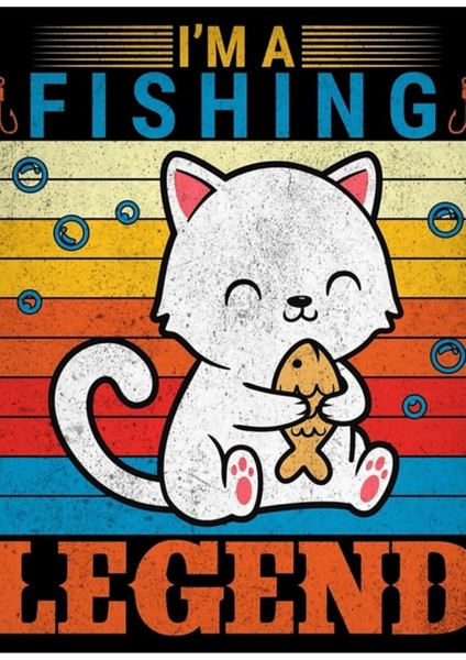 Komik Kedi Balık Tutma Efsane-Komik Hayvanlar Tipografi Tablo Ahşap Poster Dekoratif