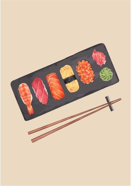 Suşi Tabağı ve Yemek Çubukları Tablo Ahşap Poster Dekoratif