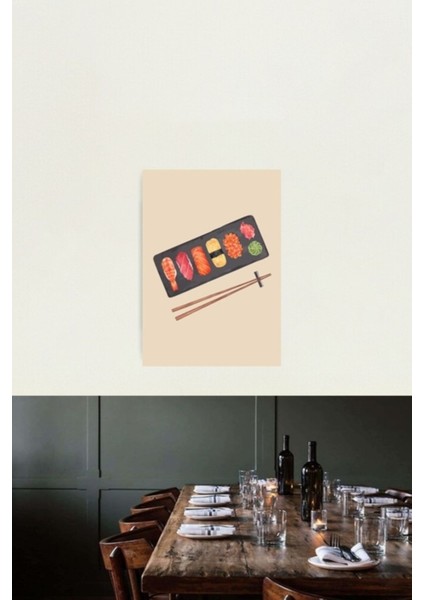 Suşi Tabağı ve Yemek Çubukları Tablo Ahşap Poster Dekoratif fiyatları