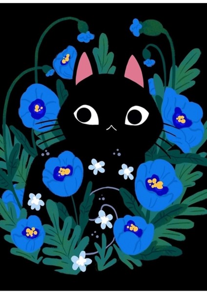 Mavi Çiçek Kara Kedi Tablo Ahşap Poster Dekoratif