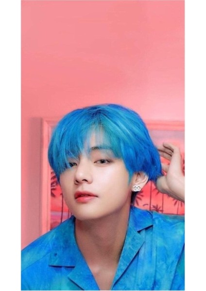 Bts V Kim Taehyung Mavi Saç Tablo Ahşap Poster Dekoratif KOD1416