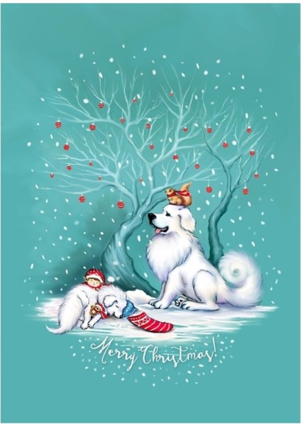 Büyük Pireneler Noeli - Noel Baba Tablo Ahşap Poster Dekoratifnı Bekliyor