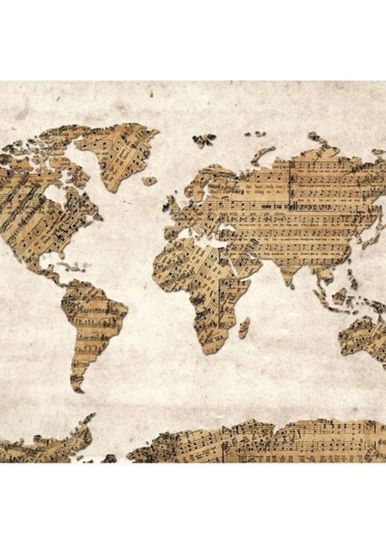 Dünya Haritası Müzik Notaları 5 Tablo Ahşap Poster Dekoratif