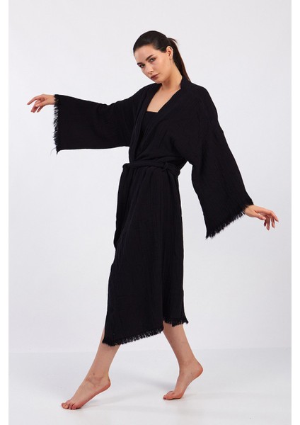 Classic Pamuklu Müslin Kimono Siyah