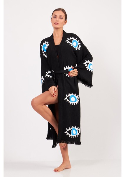 Göz Desenli Taş Baskılı Pamuklu Müslin Kimono Siyah