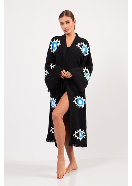 Göz Desenli Taş Baskılı Pamuklu Müslin Kimono Siyah