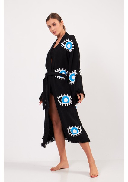 Göz Desenli Taş Baskılı Pamuklu Müslin Kimono Siyah