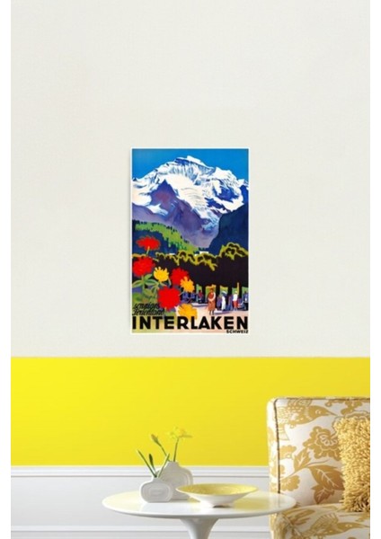 Isviçre Interlaken Seyahat Poster Tablo Ahşap Poster Dekoratif Restore Edildi